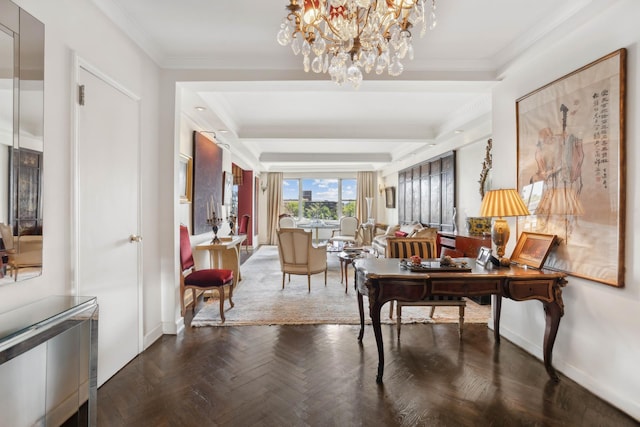 33 E End Ave Unit 2B, New York City, NY 10028 - home office with a chandelier, ornamental molding, and beamed ceiling