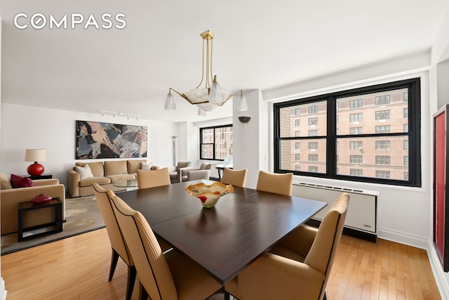 1065 Park Ave Unit 11A, New York City, NY 10128 - dining space with track lighting, light wood finished floors, and radiator