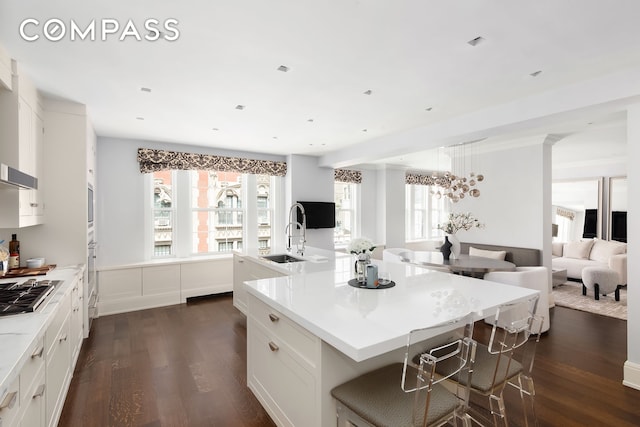 40 E 66th St Unit 12B, New York City, NY 10065 - kitchen with a sink, dark wood-type flooring, open floor plan, and a large island with sink