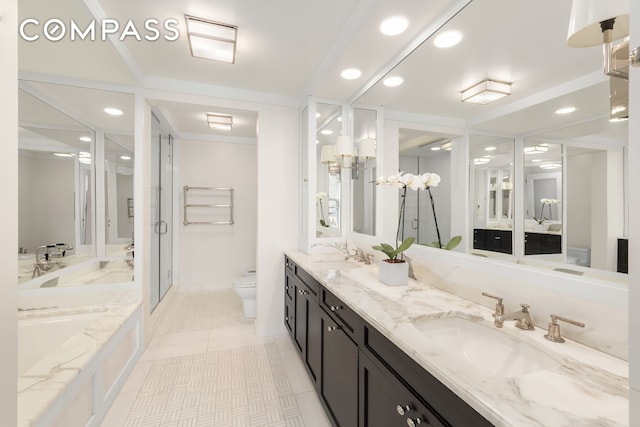 40 E 66th St Unit 12B, New York City, NY 10065 - bathroom featuring toilet, a shower stall, double vanity, a bath, and recessed lighting