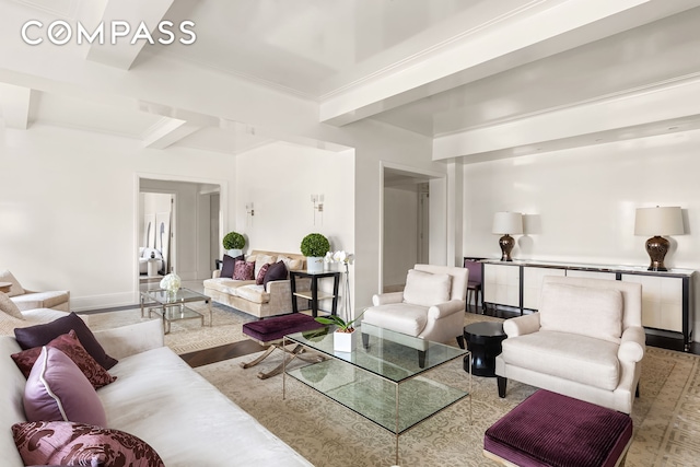 40 E 66th St Unit 12B, New York City, NY 10065 - living area with beamed ceiling, wood finished floors, and baseboards