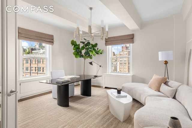 40 E 66th St Unit 12B, New York City, NY 10065 - office space with a chandelier, plenty of natural light, light wood-type flooring, and beamed ceiling