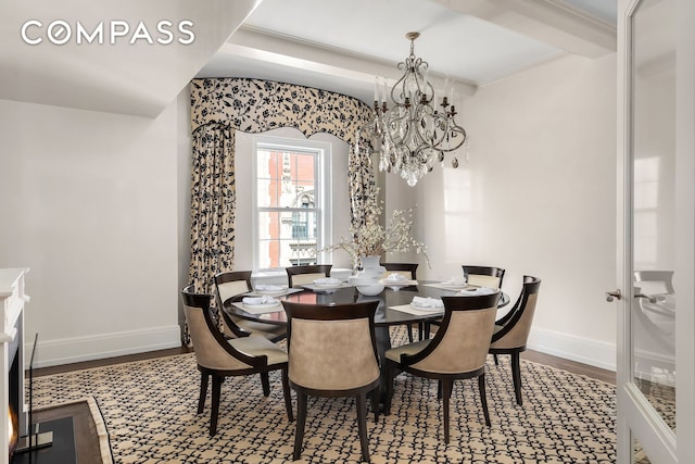 40 E 66th St Unit 12B, New York City, NY 10065 - dining space featuring wood finished floors, baseboards, a chandelier, and beamed ceiling