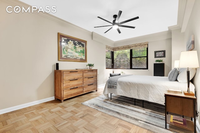 bedroom featuring crown molding, baseboards, and a ceiling fan
