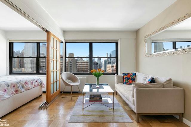 living room featuring a skyline view and healthy amount of natural light