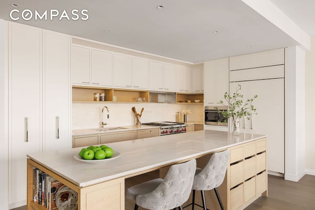 kitchen featuring a sink, open shelves, tasteful backsplash, stainless steel appliances, and dark wood-style flooring