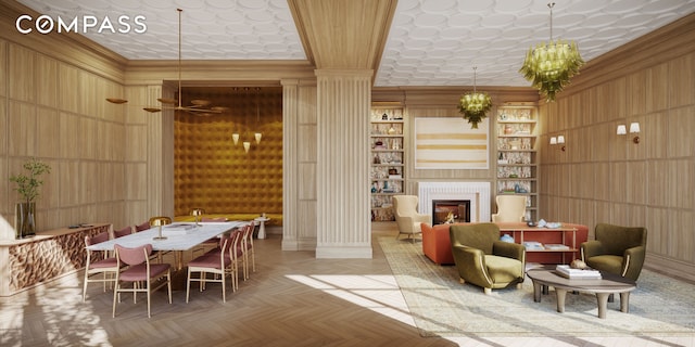 lobby with wooden walls