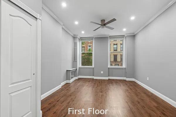 124 President St, New York City, NY 11231 - unfurnished room with a ceiling fan, wood finished floors, recessed lighting, baseboards, and crown molding