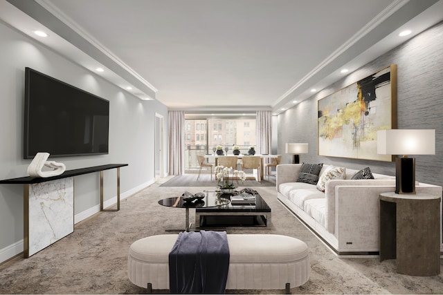 carpeted living room featuring baseboards, ornamental molding, and recessed lighting