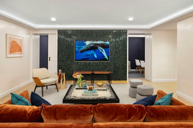 393 W End Ave Unit 1D, New York City, NY 10024 - home theater room featuring baseboards and a raised ceiling
