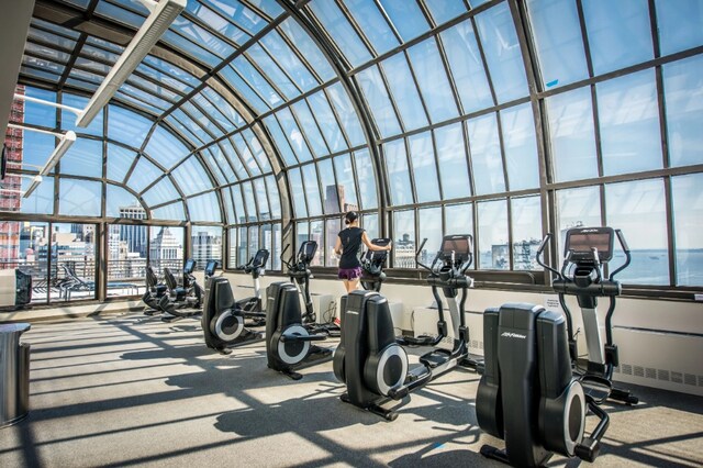 200 Rector Pl Unit 22D, New York City, NY 10280 - gym featuring a high ceiling, a view of city, and plenty of natural light