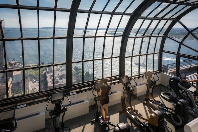 interior space with a water view