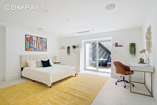 bedroom with access to outside, baseboards, and an office area