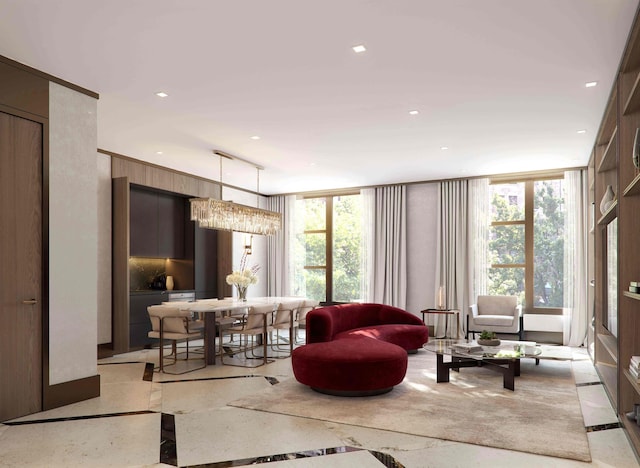 living room featuring a wall of windows