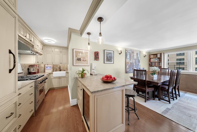 446 E 86th St Unit 7Ef, New York City, NY 10028 - kitchen with high end range, a sink, under cabinet range hood, a breakfast bar, and light wood-type flooring