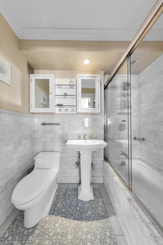 446 E 86th St Unit 7Ef, New York City, NY 10028 - full bath with toilet, tile walls, tiled shower / bath combo, and tile patterned floors