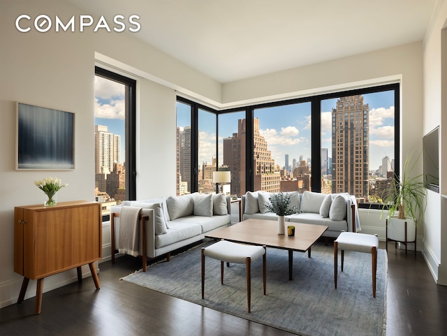 living area featuring a view of city, dark wood-style flooring, and baseboards