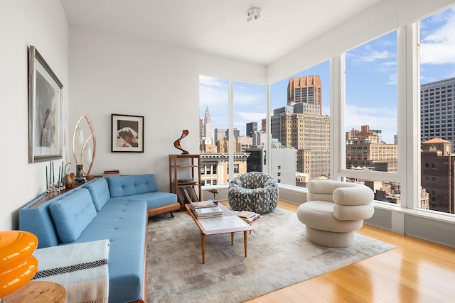 15 E 30th St Unit 21C, New York City, NY 10016 - living area with a skyline view and wood-type flooring