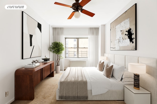 bedroom featuring light carpet and ceiling fan