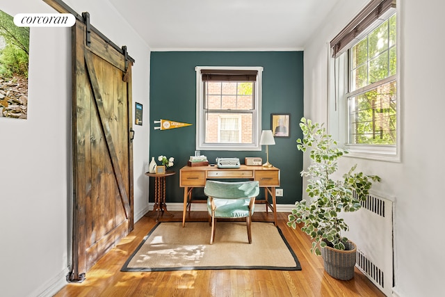 office with a barn door, wood finished floors, radiator, and baseboards