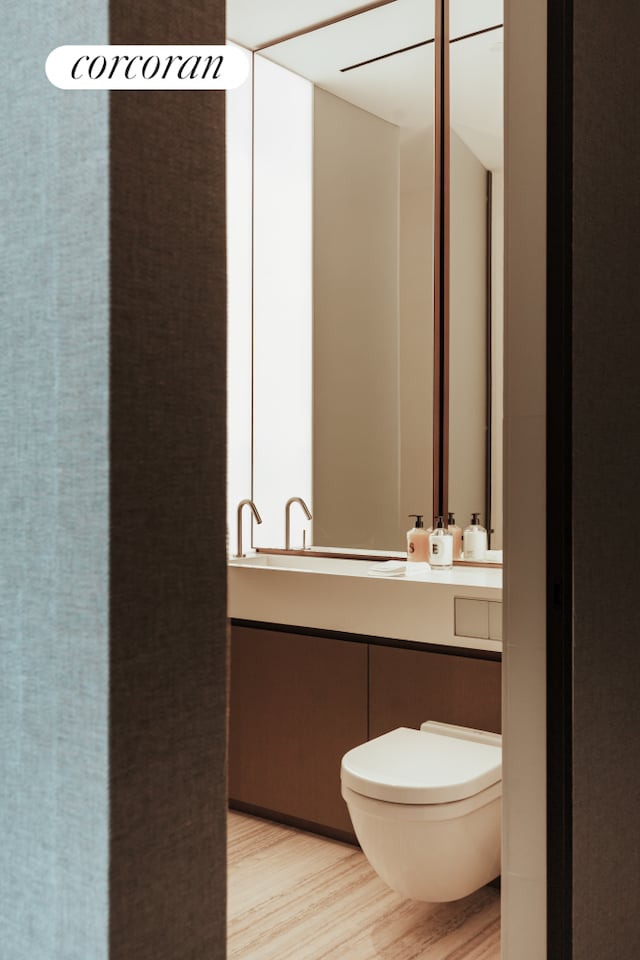 bathroom with wood finished floors, toilet, and vanity