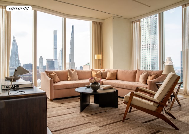 living area featuring expansive windows, a view of skyline, and light carpet