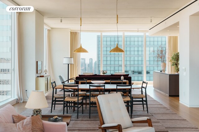dining area featuring rail lighting, wood finished floors, and expansive windows
