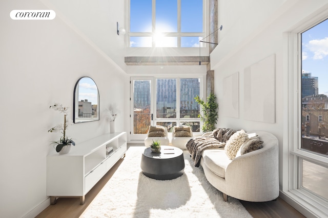 living room with a towering ceiling and wood finished floors