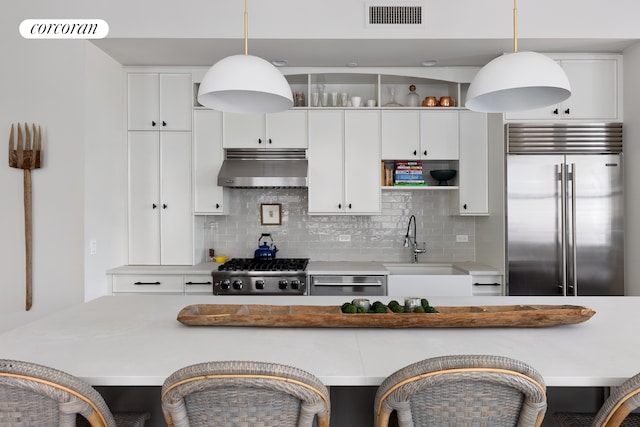 kitchen featuring under cabinet range hood, stainless steel built in refrigerator, a sink, stove, and tasteful backsplash