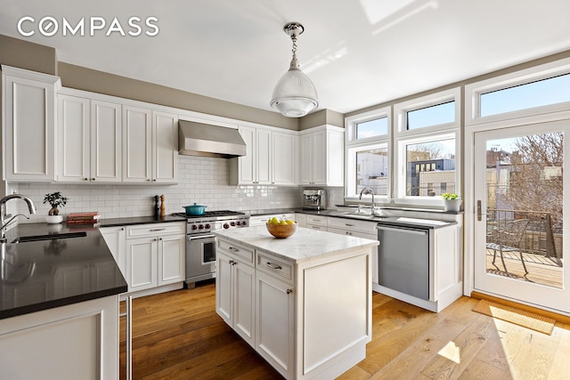 kitchen featuring stainless steel appliances, a sink, wall chimney exhaust hood, and tasteful backsplash