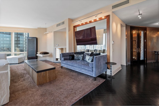 living area with rail lighting, french doors, wood finished floors, and baseboards