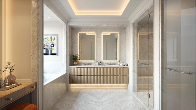 20 E 76th St Unit Ph1, New York City, NY 10021 - bathroom featuring a shower stall, a garden tub, double vanity, a raised ceiling, and ornamental molding
