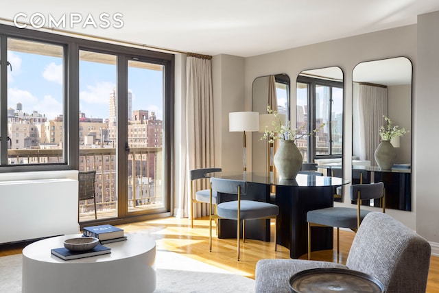 living area featuring healthy amount of natural light, wood finished floors, and a city view