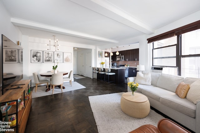 35 W 92nd St Unit 7A, New York City, NY 10025 - living room with beamed ceiling and a chandelier