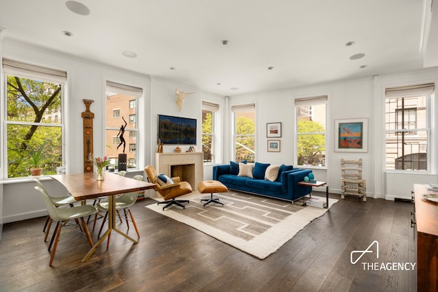 living room with dark wood finished floors, ornamental molding, baseboards, a fireplace, and recessed lighting