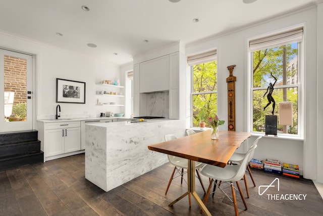 kitchen featuring open shelves, dark wood-style floors, ornamental molding, white cabinets, and dishwasher