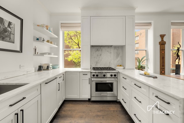 kitchen featuring high end stainless steel range oven, ornamental molding, dark wood-style floors, light stone counters, and white cabinets