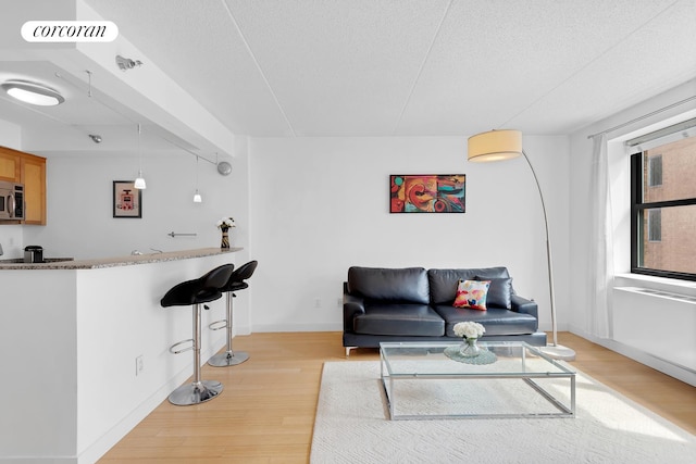 516 W 47th St Unit S4M, New York City, NY 10036 - living room featuring light wood-style floors, a textured ceiling, and baseboards