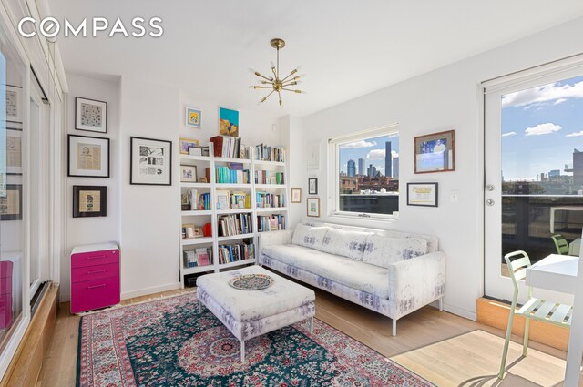 113A Columbia St, New York City, NY 11201 - living area with wood finished floors and a chandelier