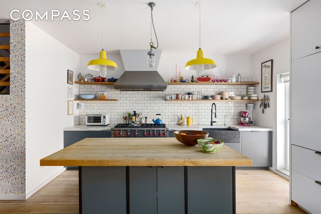 113A Columbia St, New York City, NY 11201 - kitchen with open shelves, island range hood, a kitchen island, light wood-style flooring, and tasteful backsplash