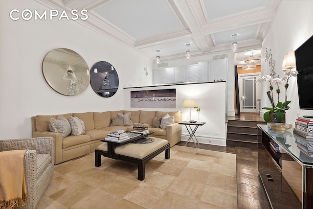 3 E 75th St Unit 1C, New York City, NY 10021 - living area with coffered ceiling, beamed ceiling, and ornamental molding