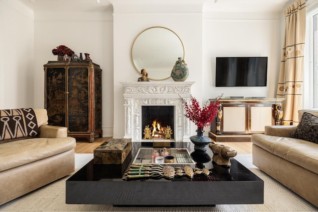 116 E 65th St, New York City, NY 10065 - living area featuring wood finished floors, a high end fireplace, and crown molding