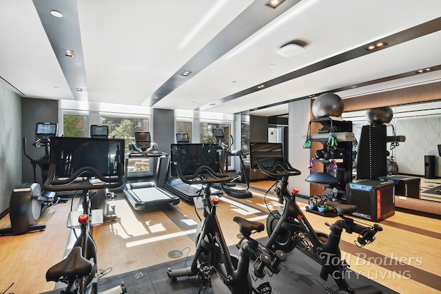 exercise room featuring wood finished floors