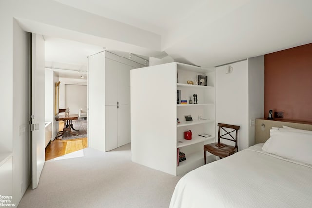 bedroom with light colored carpet