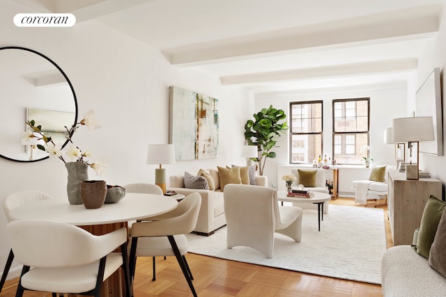 living room with beam ceiling