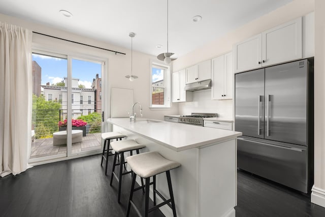 481 Macon St, New York City, NY 11233 - kitchen with high end fridge, a sink, range, under cabinet range hood, and dark wood-style flooring