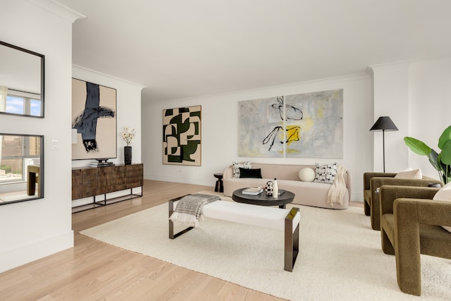 living area featuring ornamental molding, wood finished floors, and baseboards