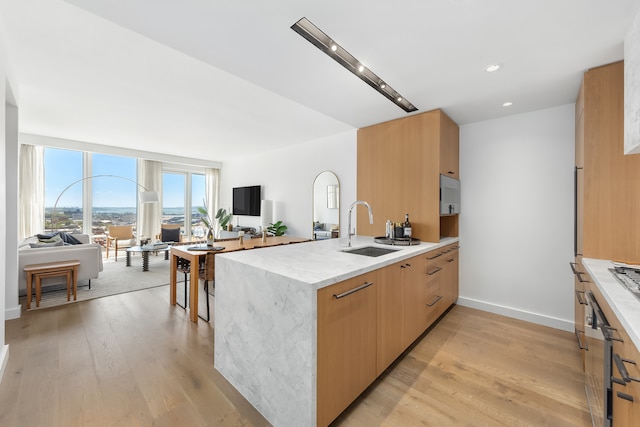 50 Bridge Park Dr Unit 17E, New York City, NY 11201 - kitchen featuring open floor plan, modern cabinets, light wood-style flooring, a peninsula, and recessed lighting