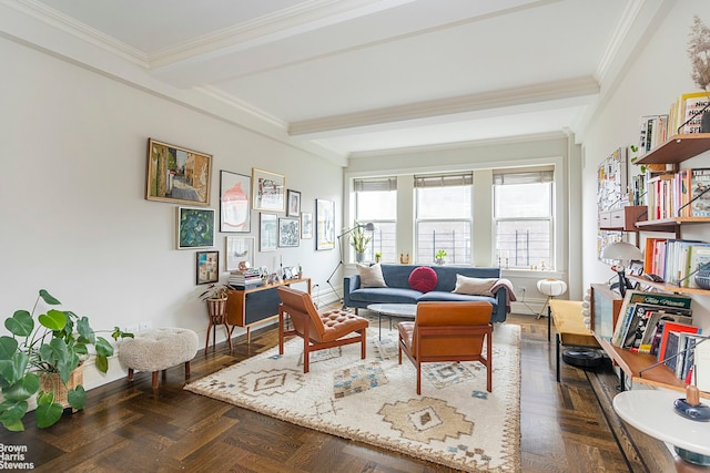 165 W 91st St Unit 11E, New York City, NY 10025 - living room featuring beam ceiling, crown molding, and baseboards