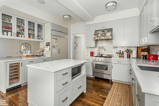 165 W 91st St Unit 11E, New York City, NY 10025 - kitchen featuring beverage cooler, premium appliances, tasteful backsplash, dark wood-style floors, and ornamental molding